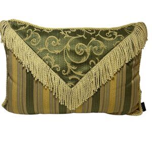 Platinum Couture Green and Gold Stripe Brocade Decorative Pillow with Fringe